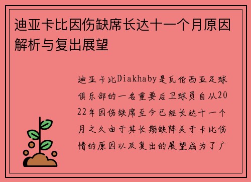 迪亚卡比因伤缺席长达十一个月原因解析与复出展望