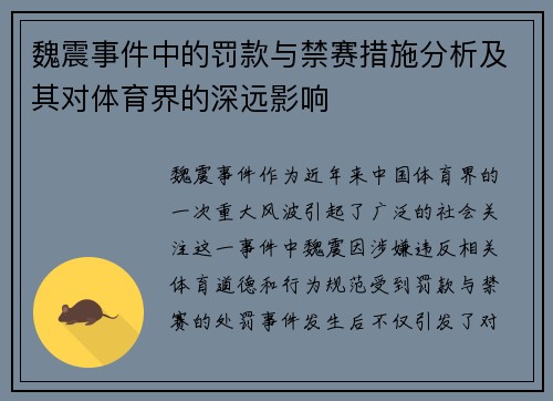 魏震事件中的罚款与禁赛措施分析及其对体育界的深远影响